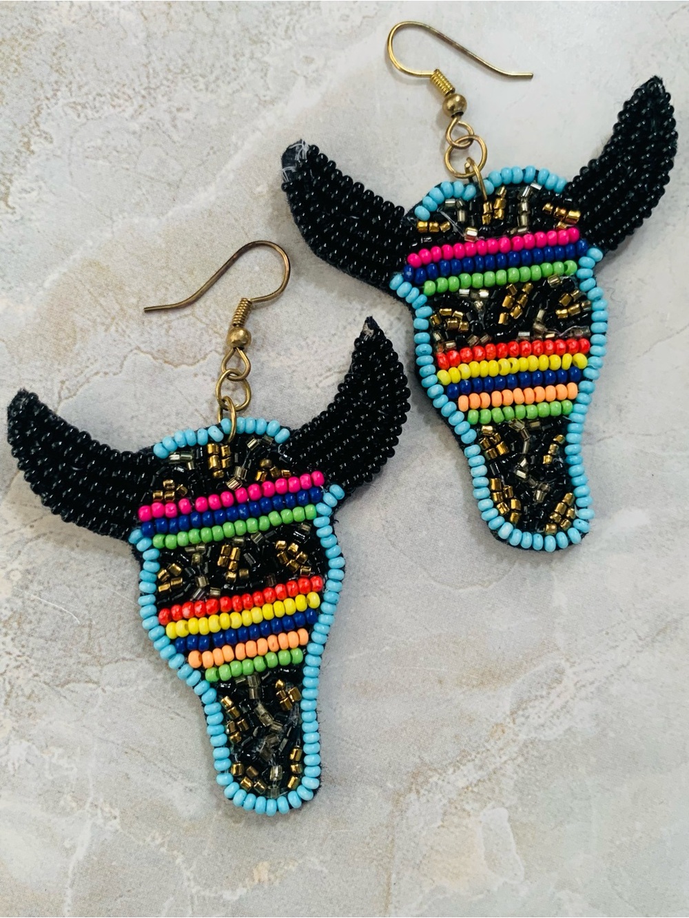 Beaded Bull Skull Dangle Earrings - Black & Multicolor - Picture 5 of 5